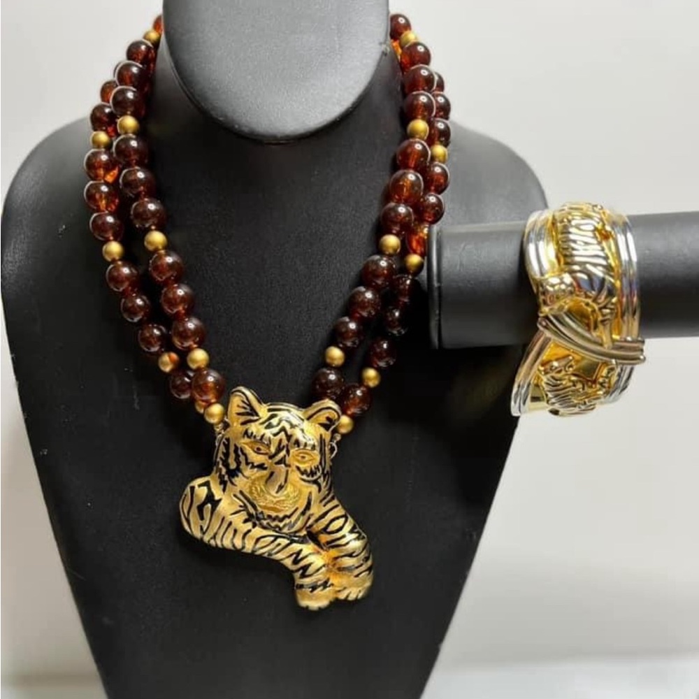 High end Costume Jewelry with Tiger and matching bracelet